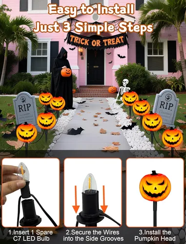 Miniatura 5 de Luces de Halloween para caminos al aire libre, 7 pies, luces de estaca de calabaza de Halloween con 4 bombillas LED C7 transparentes