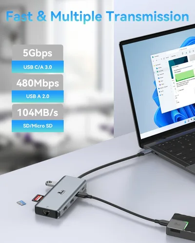Miniatura 6 de LIONWEI Estación de acoplamiento para laptop 9 en 1, HDMI dual, 100 W PD, USB C 3.0, Ethernet, audio/micrófono, concentrador USB C para portátiles