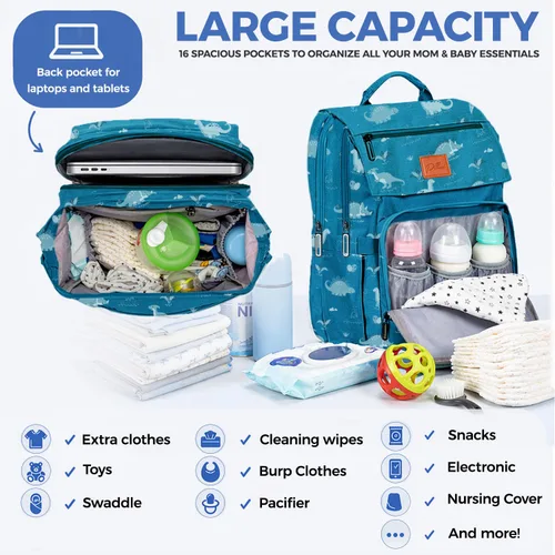Miniatura 3 de PILLANI Mochila para pañales para bebé, bolsa de pañales de viaje impermeable grande para niños y niñas, 16 bolsillos organizadores con cambiador