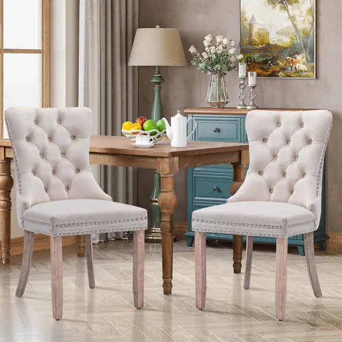 Miniatura 96 de Juego de 2 sillas de comedor tapizadas de tela de lino, sillas de cocina modernas de mediados de siglo con respaldo alto, ribete de cabeza de clavo