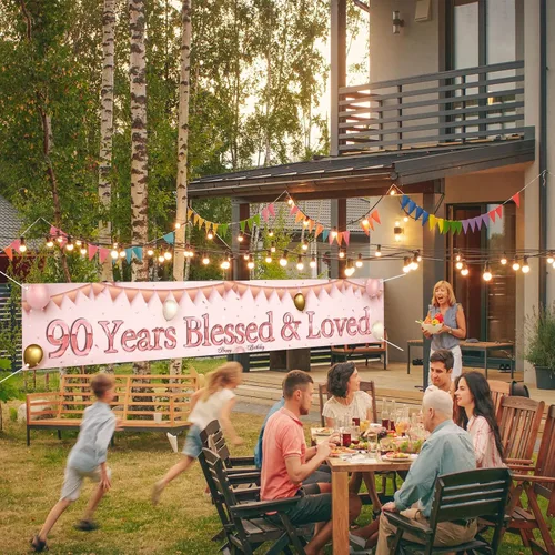 Miniatura 7 de Labakita Cartel de 90 años bendecidos y amados, pancarta grande de feliz cumpleaños 90, decoraciones de cumpleaños de mamá abuela 90 años, pancarta