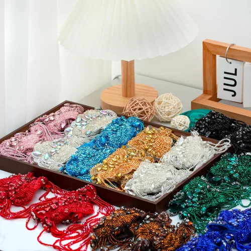 Miniatura 6 de Pareja de adornos de pedrería con cuentas en azul cielo, bordados de aplique para ropa, hombreras con pedrería de diamantes y lentejuelas
