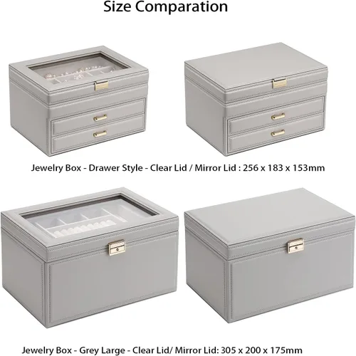 Miniatura 5 de Vlando Organizador de joyero, vitrina grande de cuero para joyas, caja de almacenamiento de 2 cajones, color gris
