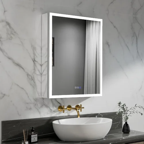 Miniatura 14 de ExBrite Botiquín iluminado de 28 x 32 pulgadas, armario con espejo LED empotrado/superficie con reloj y pantalla de temperatura, desempañamiento