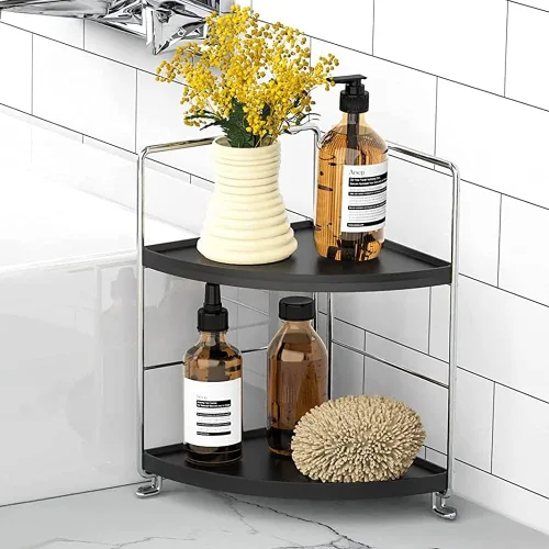 Miniatura 9 de Estante de pie para especias de cocina, estante de almacenamiento de esquina de 2 niveles, organizador de encimera de baño, bandeja de tocador, Oro