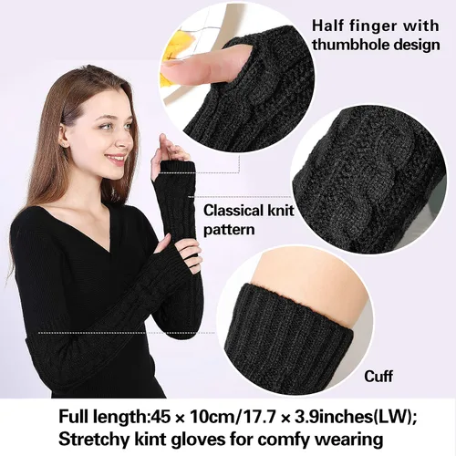 Miniatura 5 de Bellady Guantes de invierno para mujer, cálidos sobre el codo, guantes largos sin dedos con agujero para el pulgar, guantes de punto para calentar