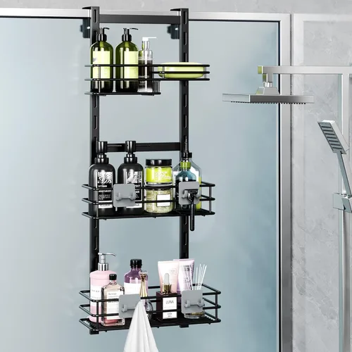 Orimade Organizador de Ducha Sobre la Puerta Ajustable de 3 Niveles Negro, Estante Colgante para Baño a Prueba de Óxido con 4 Ganchos, Organizador
