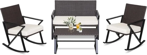 Tangkula Patiojoy - Juego de muebles mecedores de patio de 4 piezas, sofá biplaza de mimbre de polietileno resistente con 2 sillas mecedoras y 1