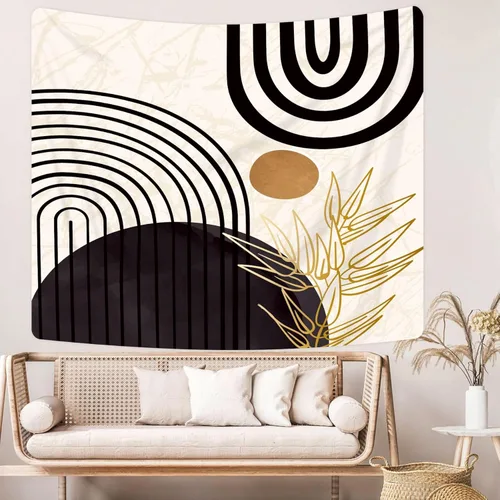 KOMLLEX Mid Century Abstract Tapestry 59Wx51H Boho Neutral Arch Sun Leaves Minimalist Modern Geometric Simple Black Gold Aesthetic Wall Hanging