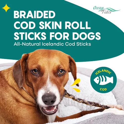 Miniatura 2 de Ocean Tides Pieles trenzadas de bacalao islandés de 8 onzas para perros y gatos – Un solo ingrediente, piel de pescado capturada en la naturaleza