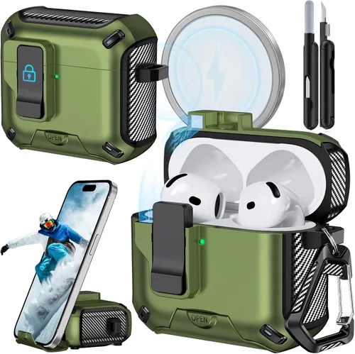 Miniatura 33 de Funda para AirPods Pro 2 (2023/2022/2019) con soporte para teléfono, (con interruptor a presión automático), diseño de fibra de carbono, cubierta