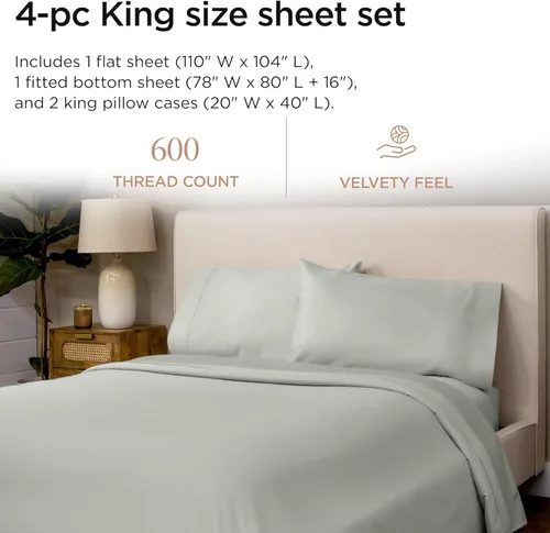 Miniatura 2 de Threadmill Sábanas de 100% Algodón para Cama King Size - Juego de Sábanas King de 600 Hilos con Bolsillo Profundo de 16 Pulgadas - Tejido Satinado