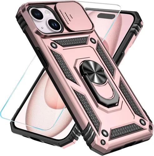 Miniatura 34 de SunStory Funda compatible con iPhone 15 con protector de pantalla HD, cubierta de cámara deslizante y soporte de anillo giratorio, [grado militar]