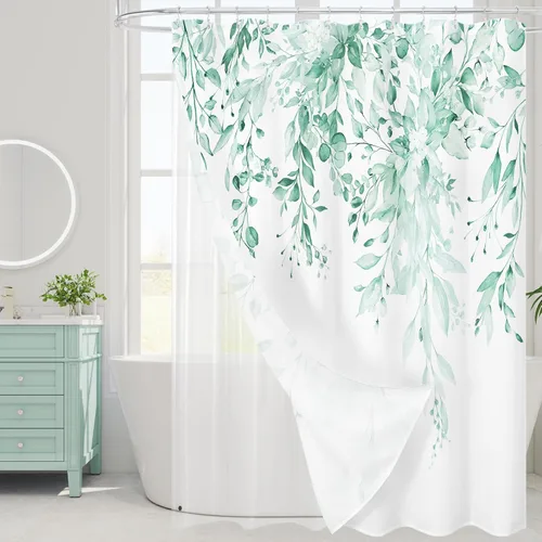 Miniatura 69 de Gibelle - Cortina de ducha de eucalipto marrón, hojas de plantas de acuarela con diseño floral, juego de cortina de ducha con ganchos, 72 x 72