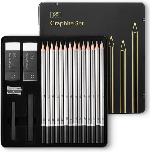 Mr. Pen - Juego de lápices de dibujo para dibujo, 19 piezas, lápices de grafito (10B-6H), palitos de grafito, borradores, sacapuntas de metal, para