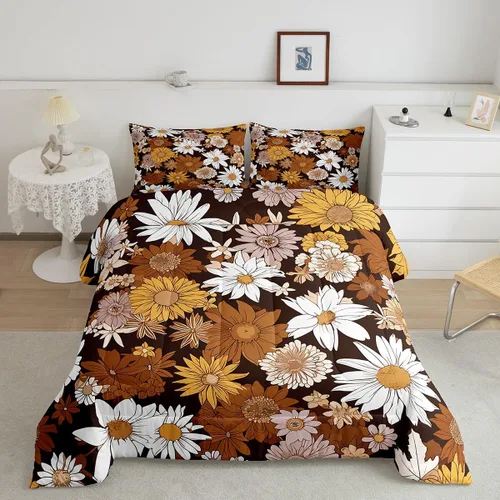 Miniatura 22 de Juego de ropa de cama con estampado floral bohemio, tamaño individual, diseño retro de flores groovy, 60S y 70S, juego de edredón de flores hippie