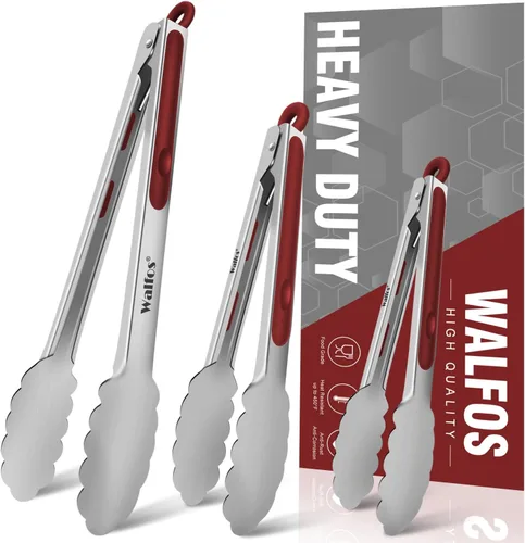 Walfos Pinzas de cocina de acero inoxidable – Pinzas de metal de bloqueo resistentes de 7, 9 y 12 pulgadas para cocinar, asar a la parrilla, juego