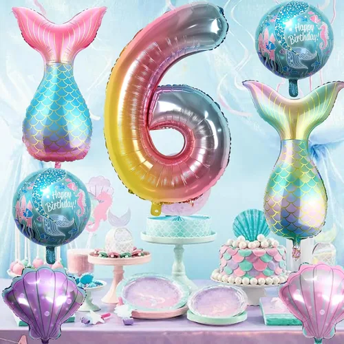Miniatura 2 de Decoraciones de cumpleaños de sirena número 6, kit de globos de color rosa y azul, globos de cola de globo de mar para niñas, fiesta de sirena, baby
