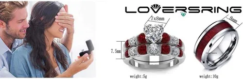 Miniatura 5 de Conjunto de dos anillos de boda para él y para ella, anillos para parejas. Anillos de compromiso para novia en acero inoxidable chapado en oro Blanco