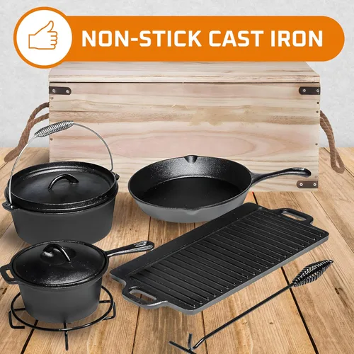 Miniatura 5 de Bruntmor Set de cocina para acampar de 7 piezas. Ollas y sartenes de hierro fundido precurado para exteriores Comefire. Juego de sartenes