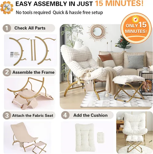 Miniatura 8 de Welnow Silla perezosa beige con otomana, silla de lectura de gran tamaño para adultos, silla de descanso acolchada suave para sala de estar