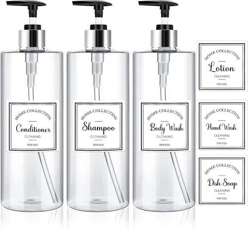 Marsui Juego de 3 dispensadores de jabón transparente de 25 onzas, dispensador de botellas de plástico con 6 etiquetas adhesivas para cocina y baño,