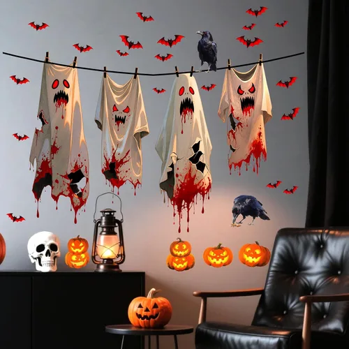 Miniatura 12 de Barri Design Calcomanías de pared de murciélago de Halloween, árbol de luna, bruja, calcomanías de pared extraíbles para Halloween, calcomanías
