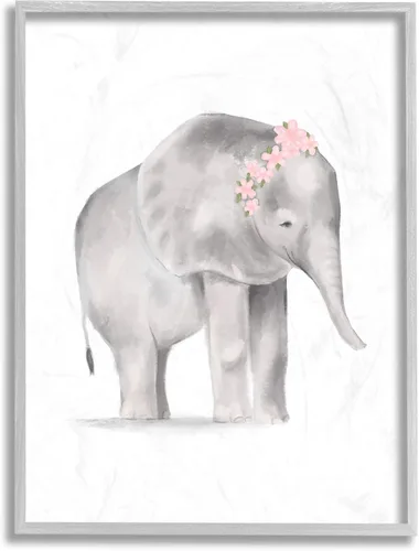Miniatura 7 de Stupell Industries Placa de pared con diseño floral de elefante bebé rosa y gris, diseño de Daphne Polselli, 13 x 19 pulgadas, gris