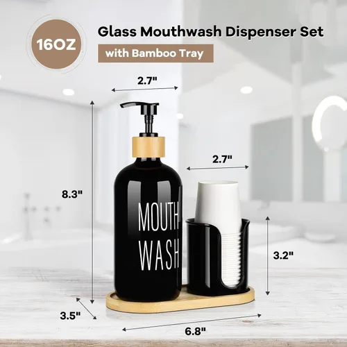 Miniatura 2 de Dispensador de enjuague bucal negro para baño, botella de vidrio con bomba de 16 onzas con soporte para tazas, 14 tazas de enjuague bucal, bandeja