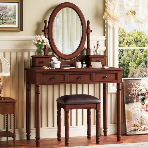Anwick Vintage Vanity Desk with Adjustable Angle Mirror, Wooden Dressing Table Set for Bedroom with Velvet Fabric Lining 5 Drawers, Girls Vanity Set