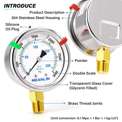 Miniatura 23 de MEANLIN MEASURE Medidor de presión de acero inoxidable relleno de líquido de 0 ~ 300 psi, esfera de cara NPT de 2 pulgadas para compresor de aire