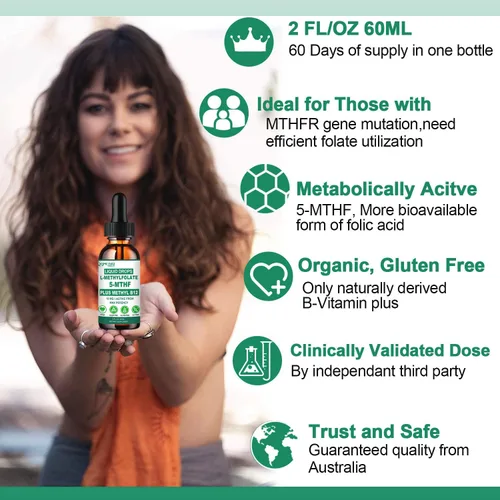 Miniatura 4 de Suplemento de metilfolato gotas líquidas, L Methy Folate 15mg Plus Methy B12, B6, B2 Multivitamínico, Metabólicamente Activo 5-MTHF