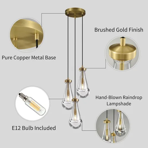 Miniatura 3 de Lámpara colgante de latón de 3 luces para isla de cocina, lámpara colgante de racimo de lluvia, lámpara de techo de cristal con cuerda ajustable