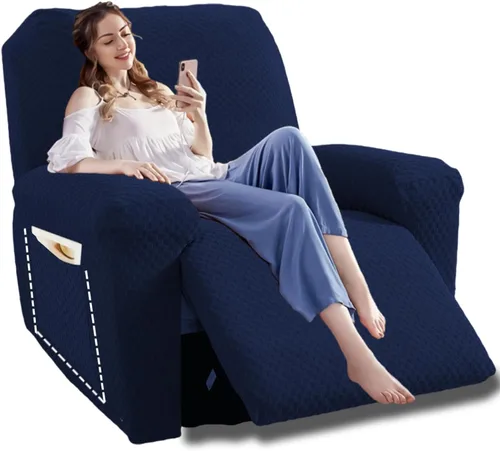 Miniatura 9 de YEMYHOM Funda elástica de 4 piezas para silla reclinable de jacquard con bolsillo lateral, antideslizante, ajustable, protector de muebles con parte