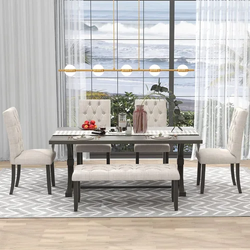 Miniatura 17 de Harper & Bright Designs Juego de mesa de comedor de granja de 6 piezas con banco, mesa de comedor de madera con 4 sillas y un banco para cocina