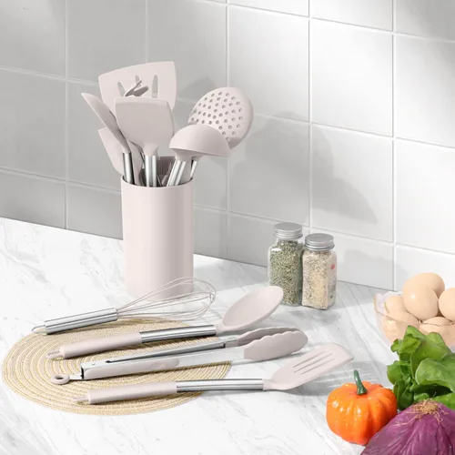 Miniatura 8 de LIANYU Juego de 15 utensilios de cocina con soporte, herramientas de cocina de silicona con mango de acero inoxidable, utensilios resistentes al