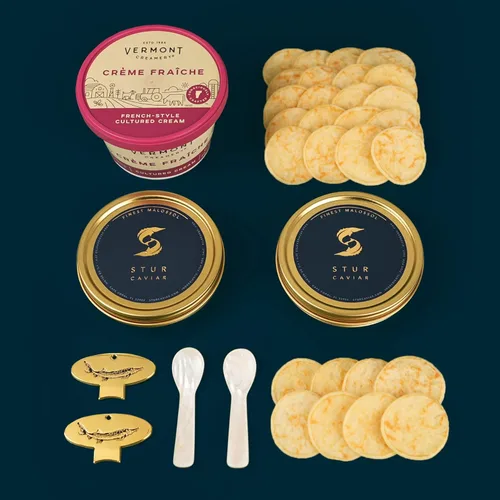 Royal Osetra - Juego de regalo de caviar – 8 piezas – Caviar de Osetra real (3.5 onzas/3.53 oz), crema fraiche (8 onzas), caviar ruso Blinis (36