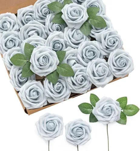 Miniatura 43 de Ling’s Moment - Flores Artificiales, 50 piezas, Rosas Verde Pavo Real con Tallos, 3" de Tacto Real, Espuma DIY para Ramilletes de Boda/Centros