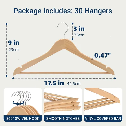 Miniatura 2 de Amber Home Paquete de 30 perchas de madera para abrigos, perchas de madera natural con barra antideslizante para pantalones, perchas para camisas