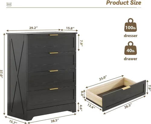 Miniatura 2 de FTZxHKLX Cómoda moderna de 4 cajones para dormitorio, cómoda alta con cajón grande y asas de oro rosa, organizador de almacenamiento de madera, Negro