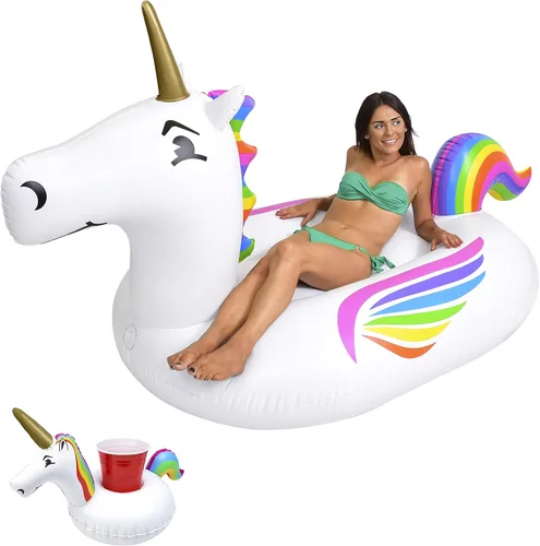 Miniatura 10 de GoFloats Flotadores inflables gigantes para piscina, elige unicornio, dragón, flamenco, cisne o toro, incluye flotador de bebida