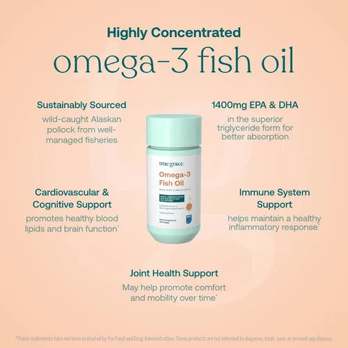 Miniatura 3 de True Grace Aceite de pescado Omega-3 - 120 cápsulas blandas - 1400 mg de EPA + DHA - Salud cerebral, cardíaca, articular e inmunológica - Orgánico