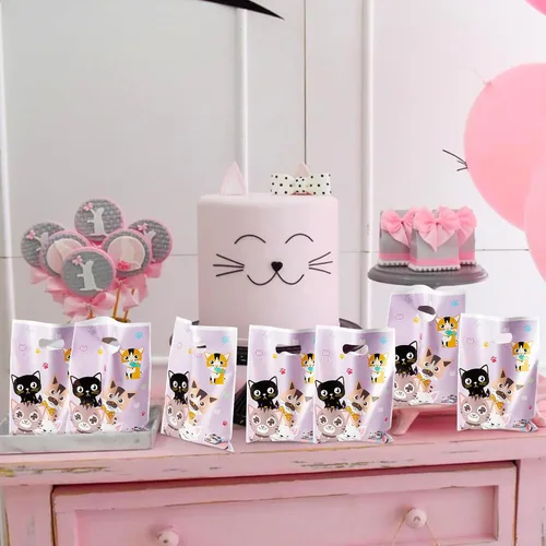 Miniatura 4 de 3sscha 50 bolsas de regalo de fiesta de gato, con temática de gatito, morada, impermeable, bolsa de galletas con asas troqueladas, animales y patas