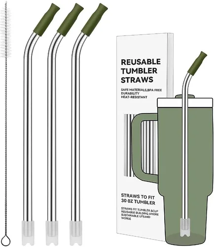 Miniatura 52 de Pajitas de metal rectas para vaso Stanley de 40 onzas, paquete de 3 popotes reutilizables de acero inoxidable con puntas de silicona y cepillo Gris