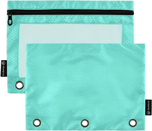 Gredecor Estuche para lápices con 3 anillos, color turquesa y verde azulado con cremallera, 2 unidades, organizador de carpetas transparentes para