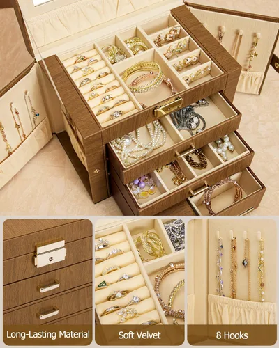Miniatura 5 de Homde Joyero 2 en 1 para mujeres y niñas con estuche de viaje pequeño, espejo, collar, anillo y aretes, organizador (marrón + dorado)