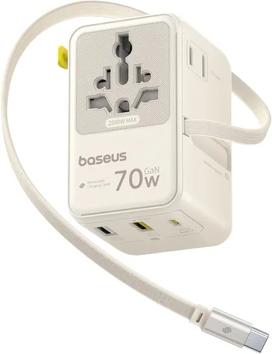 Baseus Adaptador de viaje universal de 70 W con cable retráctil, adaptador de enchufe internacional 6 en 1, cargador de pared USB-C PD de carga