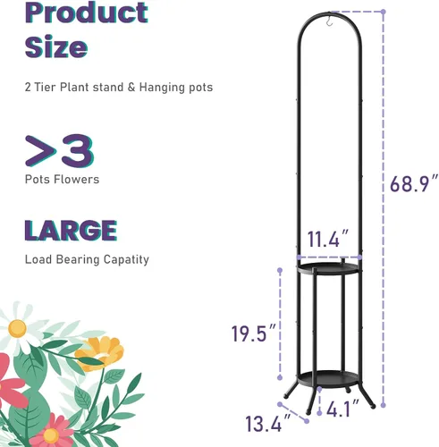 Miniatura 6 de Soporte de metal para plantas de 2 niveles con gancho para colgar para plantas de interior y exterior, estante de exhibición de acero resistente