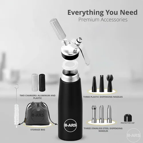 Miniatura 5 de B-ARS Dispensador de crema batida negra, 16.9 fl oz, sifón negro de aluminio para postres frescos, salsa de mousse de café, fácil horneado casero