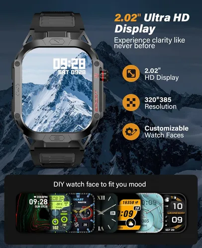 Miniatura 4 de SOUYIE Reloj inteligente militar para hombre para responder/hacer llamadas, reloj inteligente deportivo al aire libre de 2.02 pulgadas con linterna